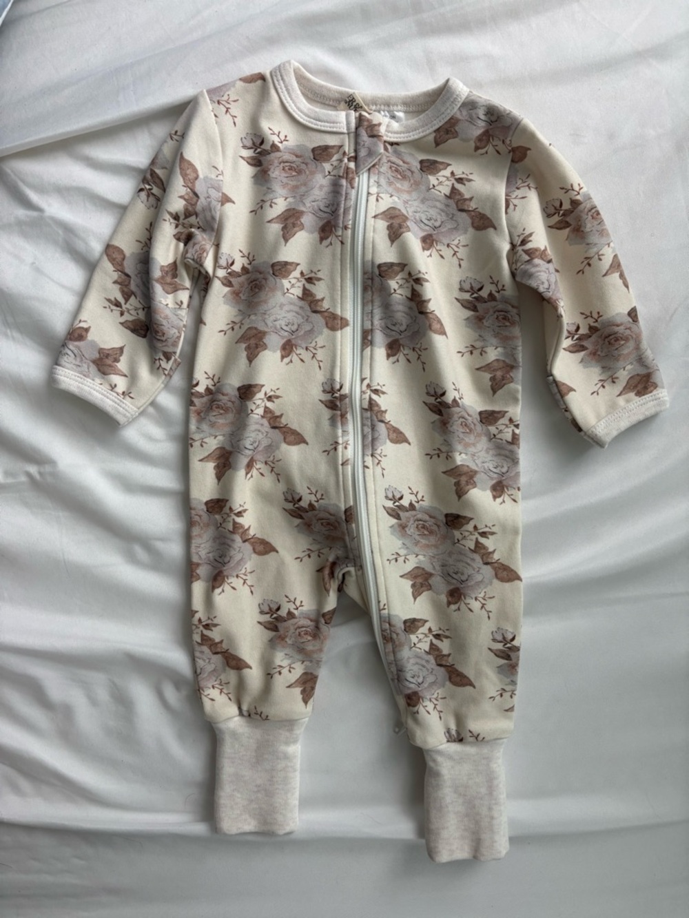 Floral Zip-Front Baby One-Piece in Cream and Brown